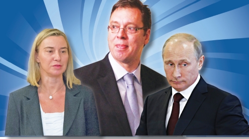 Federika Mogerini, Aleksandar Vučić i Vladimir Putin